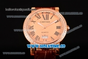 Cartier Rotonde De Miyota Quartz Rose Gold Case with Rose Gold Dial Diamonds Bezel and Roman Numeral Markers