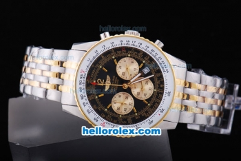 Breitling Navitimer Quartz Working Chronograph Movement Black Dial with Gold Subdials and Stick Marker-Two Tone Strap