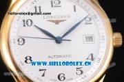 Longines Master Date Swiss ETA 2824 Automatic Yellow Gold Case with White Dial Arabic Numeral Markers and Black Leather Strap