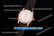 Omega De Ville Prestige Miyota Quartz Rose Gold Case with White MOP Dial Diamonds Bezel and Black Leather Strap