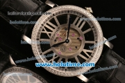 Cartier Rotonde De Swiss Quartz Steel Case with Diamonds Bezel Skeleton Dial and Black Leather Strap