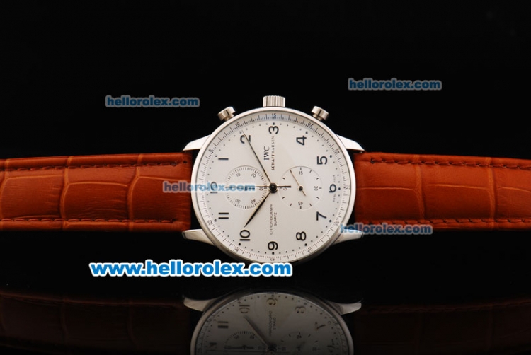 IWC Portuguese Chronograph Quartz Movement Steel Case with White Dial and Brown Leather Strap - Click Image to Close