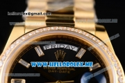 Rolex Day-Date Swiss ETA 2836 Automatic Yellow Gold Case/Bracelet with Black Dial and Stick Markers Diamonds Bezel (BP)
