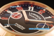 Panerai Luminor Marina Automatic Movement Rose Gold Case with Red/White Arabic Numeral Markers and Black Leather Strap