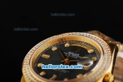 Rolex Day-Date II Automatic Movement Full Gold with Double Row Diamond Bezel-Black MOP Dial and Diamond Markers