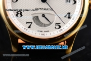 Longines Master Power Reserve Swiss ETA 2824 Automatic Yellow Gold Case with White Dial and Black Leather Strap Arabic Numeral Markers