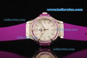 Hublot Big Bang Swiss Quartz Movement Steel Case with Purple Diamond Bezel and Purple Rubber Strap