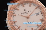 Patek Philippe Calatrava Swiss ETA 2824 Automatic Steel Case Rose Gold/Diamond Bezel with Brown Leather Strap White Dial Diamond Markers