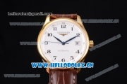 Longines Master Date Swiss ETA 2824 Automatic Yellow Gold Case with White Dial Arabic Numeral Markers and Brown Leather Strap