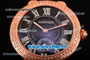 Cartier Ballon Bleu De Small Swiss Quartz Rose Gold Case with Diamonds Bezel Black Dial and Black Leather Strap - White Markers