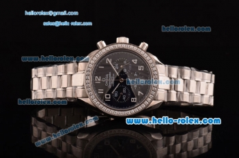 Omega Speedmaster Chrono Swiss Quartz Steel Case Diamond Bezel with Steel Strap and Black Dial Numeral Markers