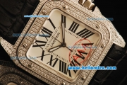 Cartier Santos 100 Swiss ETA 2671 Automatic Movement Diamond Case/Bezel with White Dial and Black Leather Strap-1:1 Original