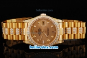 Rolex Day-Date Oyster Perpetual Automatic Full Gold with Diamond Bezel-Diamond Marking and Dark Brown Dial