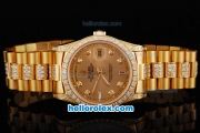 Rolex Day-Date Oyster Perpetual Automatic Full Gold with Diamond Bezel-Diamond Marking and Dark Brown Dial