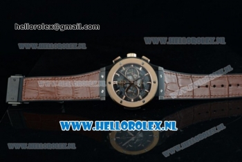 Hublot Classic Fusion Chronograph Swiss Valjoux 7750 Automatic Rose Gold Case with Black Dial Stick Markers and Brown Genuine Leather Strap