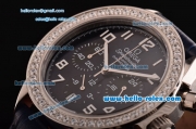 Omega Speedmaster Chrono Swiss Quartz Steel Case Diamond Bezel with Blue Leather Strap and Black Dial Numeral Markers