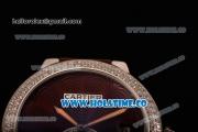 Cartier Rotonde De Swiss Quartz Steel Case with Brown Guilloche Dial Diamonds Bezel and Brown Leather Strap