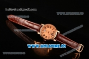 Cartier Rotonde De Miyota Quartz Rose Gold Case with Brown Leather Strap and Rose Gold Dial - Roman Numeral Markers