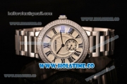 Cartier Rotonde De Miyota Quartz Steel Case/Bracelet with White Dial Diamonds Bezel and Black Roman Numeral Markers