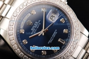 Rolex Day Date II Automatic Movement Full Steel with Diamond Bezel-Diamond Markers and Blue Dial