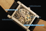 Cartier Tank Skeleton Manual Winding Movement Steel Case with White Roman Numerals and Black Leather Strap