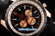 Breitling Chrono-Matic Chronograph Quartz Movement PVD Bezel with Black Dial and RG Case/Subdials-Black Leather Strap