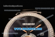 Cartier Rotonde De Miyota Quartz Steel Case/Bracelet with Black Dial and Diamonds Bezel