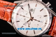 Tag Heuer Carrera Calibre 1887 Automatic Chrono Swiss Valjoux 7750 Automatic Steel Case with White Dial Brown Leather Strap and Silver Stick Markers