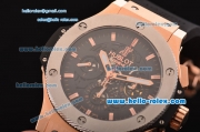 Hublot Aero Bang Chronograph Swiss valjoux 7750-SHG automatic Rose Gold Case with Skeleton Dial Gold Stick Markers and Black Rubber Strap