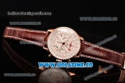 Breitling Navitimer GMT Chrono Swiss Valjoux 7750 Automatic Rose Gold Case with White Dial Stick Markers and Brown Leather Strap