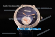 Cartier Rotonde De Swiss Quartz Steel Case with Blue Guilloche Dial Diamonds Bezel and Blue Leather Strap