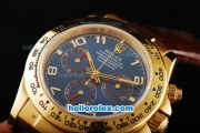 Rolex Daytona Swiss Valjoux 7750 Automatic Movement Gold Case with Blue Dial-Gold Numeral Markers and Brown Leather Strap