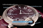 Cartier Ballon Bleu Swiss Quartz Stainless Steel Case with Burgundy Leather Strap Diamond Bezel and Burgundy Dial