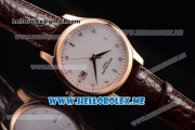 Patek Philippe Calatrava Miyota Quartz Rose Gold Case with White Dial and Brown Leather Strap Diamonds Markers