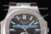 Patek Philippe Nautilus Miyota 9015 Automatic Steel Case with Black Dial Stick Markers and Black Leather Strap