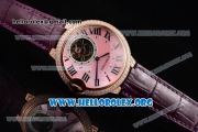 Cartier Ballon Bleu De Tourbillon Swiss Tourbillon Manual Winding Rose Gold Case with Pink Dial Purple Leather Strap and Roman Numeral Markers