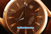 Omega Seamaster Co-Axial Automatic Rose Gold Case with Brown Dial and Brown Leather Strap - ETA Coating