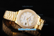 Rolex Day-Date II Automatic Movement Full Gold with Double Row Diamond Bezel-White Dial and Diamond Markers