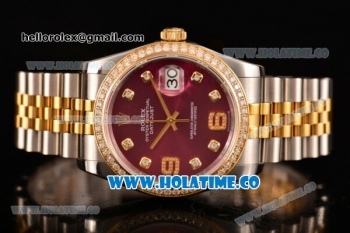 Rolex Datejust Asia Automatic Yellow Gold/Steel Case with Diamonds Bezel Rose Red Dial and Diamonds Markers (BP)