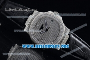 Patek Philippe Nautilus Miyota 9015 Automatic Steel Case with Diamond Dial and Black Leather Strap