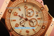 Hublot Big Bang Diamond Bezel Chronograph Swiss Quartz Rose Gold Case With White Dial and pink Rubber Strap