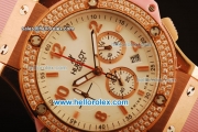 Hublot Big Bang Diamond Bezel Chronograph Swiss Quartz Rose Gold Case With White Dial and pink Rubber Strap