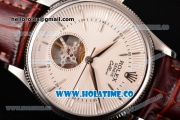 Rolex Cellini Tourbillon Swiss ETA 2824 Automatic Steel Case with Silver Stick Markers Brown Leather Strap and White Dial