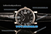 Cartier Rotonde De Miyota Quartz Steel Case with Black Dial Roman Numeral Markers and Black Leather Strap