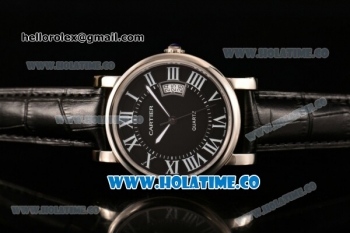 Cartier Rotonde De Miyota Quartz Steel Case with Black Dial Roman Numeral Markers and Black Leather Strap