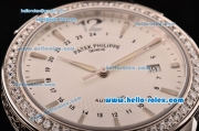 Patek Philippe Calatrava Swiss ETA 2836 Automatic Steel Case Diamond Bezel and Black Leather Strap White Dial with Stick Markers