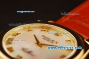 Rolex Cellini Swiss Quartz Yellow Gold Case with White MOP Dial and Brown Leather Strap-Roman Markers