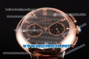 Cartier Rotonde De Chrono Miyota Quartz Rose Gold Case with Black Carbon Fiber Dial and Brown Leather Strap - Stick Markers