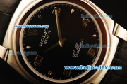 Rolex Cellini Swiss Quartz Steel Case with Black Dial and Black Leather Strap-Numeral Markers