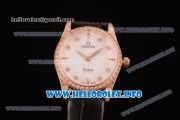 Omega De Ville Prestige Miyota Quartz Rose Gold Case with White MOP Dial Diamonds Bezel and Black Leather Strap